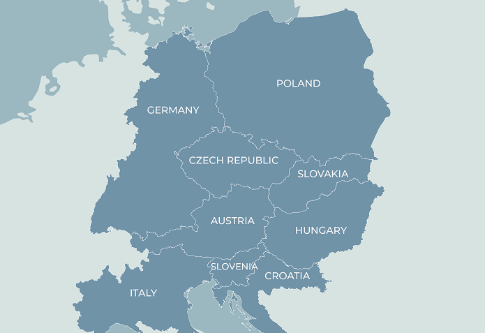 Mapa z zaznaczonymi krajami Europy środkowej i południowej