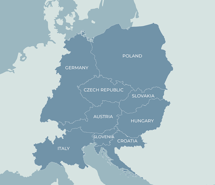 Mapa z zaznaczonymi krajami Europy środkowej i południowej