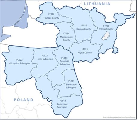 mapa z konturami subregionów przy granicy Polski i Litwy