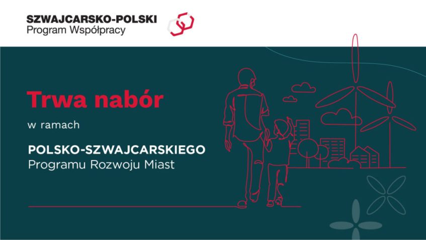 Rysunek dwóch postaci na tle miasta z napisem Trwa nabór w ramach Polsko-Szwajcarskiego Programu Rozwoju Miast